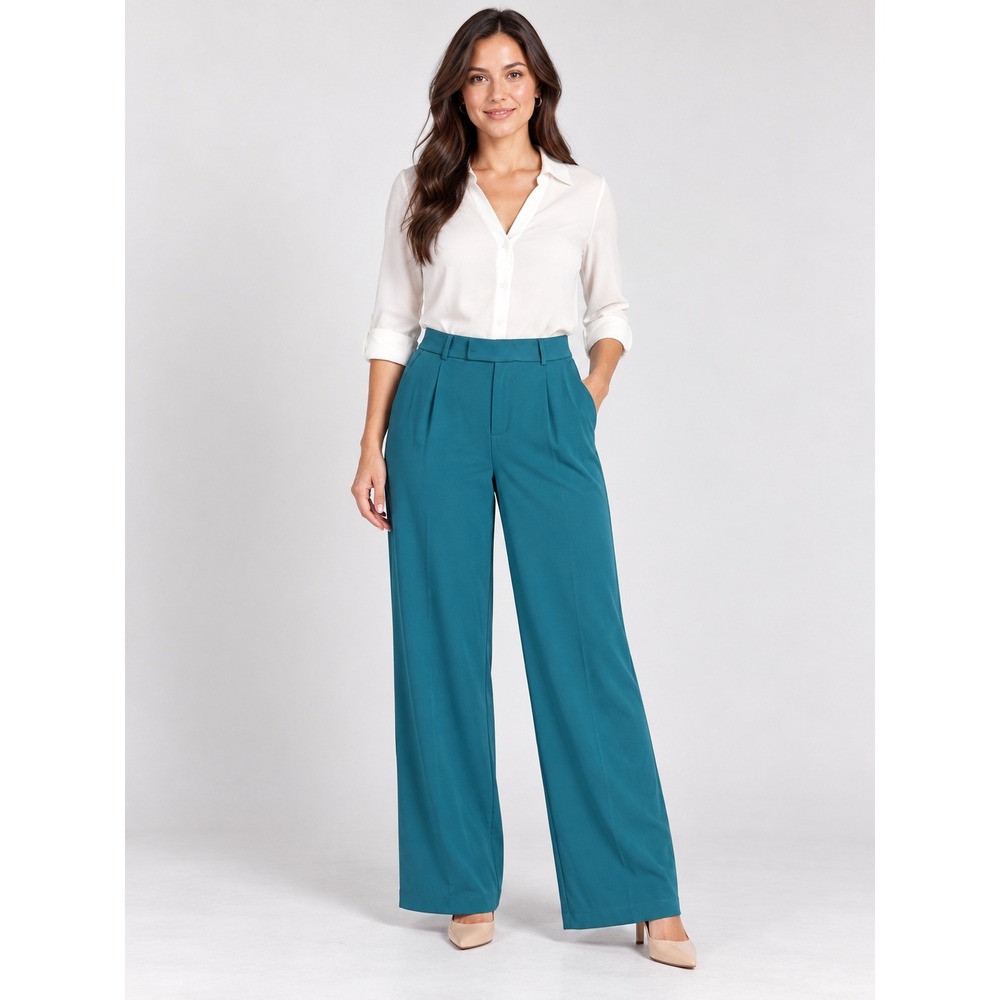 Halara Wide Leg Pleated Dress Pants Teal Blue High Rise Trousers Workwear